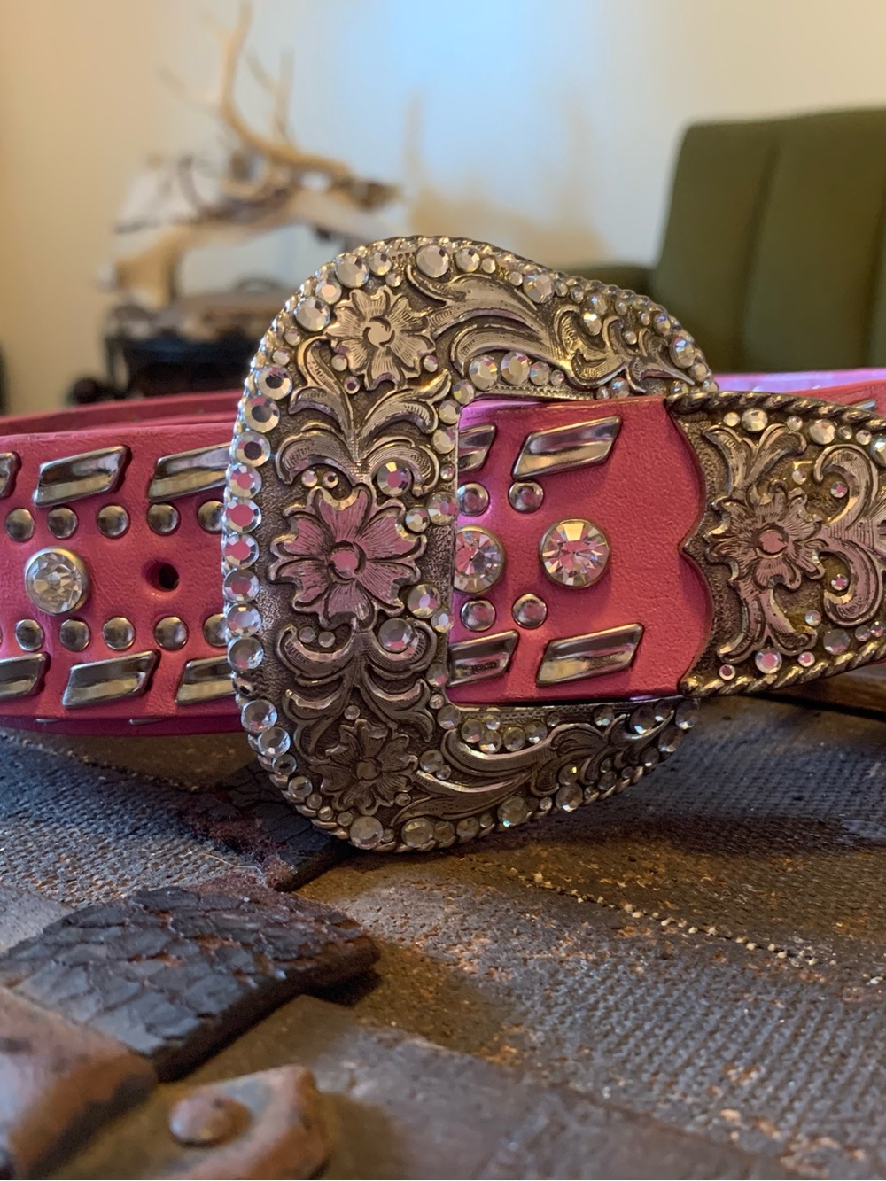 Pink Floral Western Belt with Ornate Crystal Buckle
